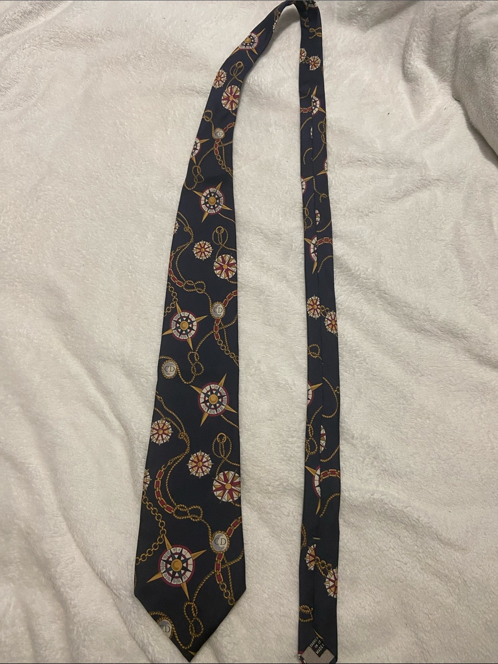 Dior Navy Tie with Gold Chain and Compass Motif